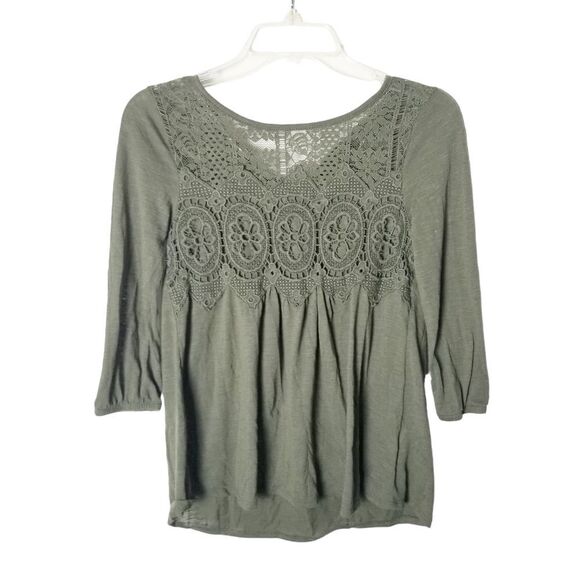 Rewind Women Extra Small Olive Green Crochet 3/4 Sleeve Pullover Top - Picture 1 of 12